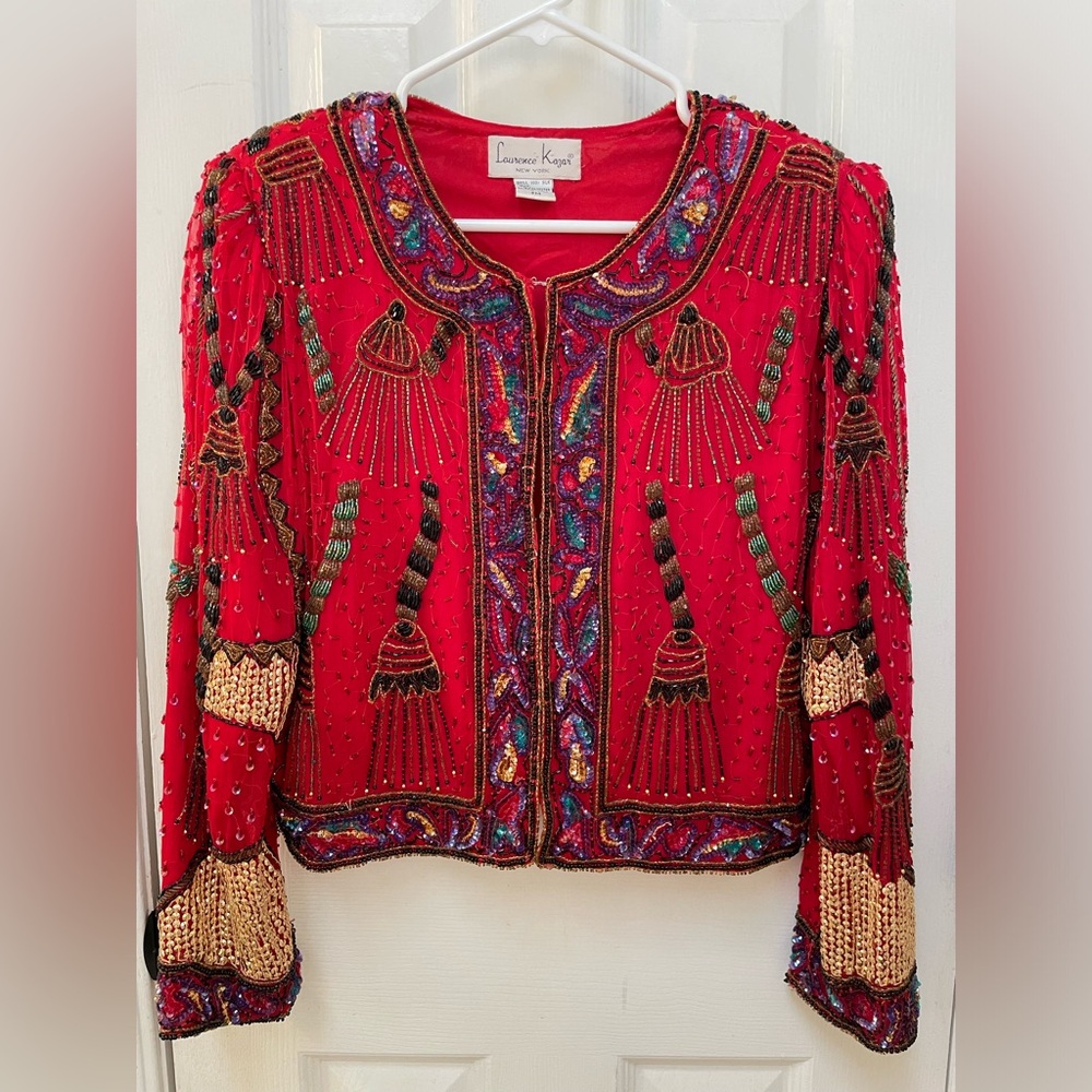 Vintage Beaded Silk Red Laurence Kazar Jacket *see photos and description*